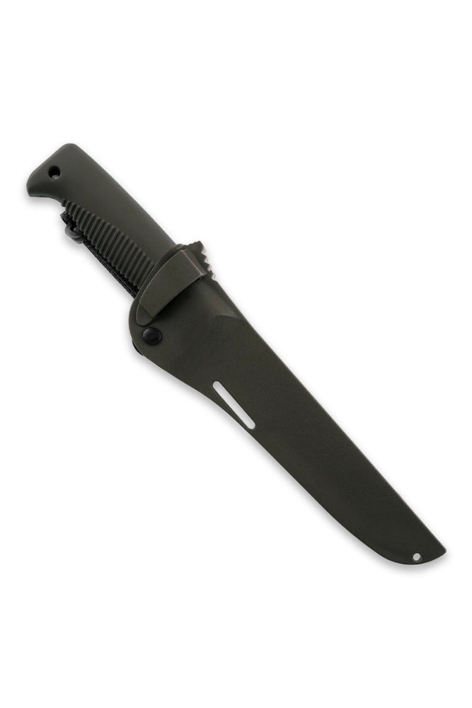 Freigestelltes Bild des Peltonen Puukko M95 in Grün als Bushcraft Messer. Hochwertiger N690 Stahl und robustes Design für Outdoor, Camping und Trekking.