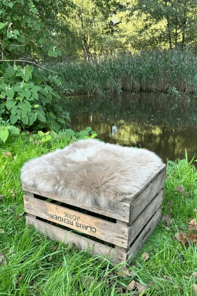 Premium Schaffell Sitzauflage eckig in Taupe Größe L – australisches Merino-Fell, Freisteller auf weißem Hintergrund – Fritz & Frei