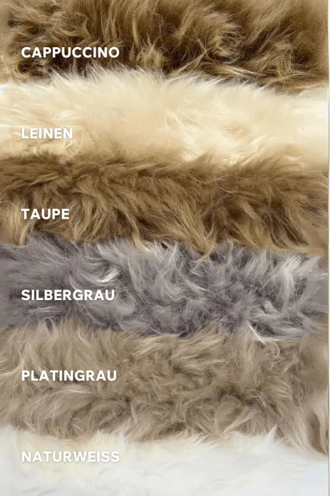 Premium Schaffell Sitzauflage Größe L – Farbvergleich Cappuccino, Leinen, Naturweiß, Platingrau, Silbergrau und Taupe aus australischem Merino-Fell – Fritz & Frei